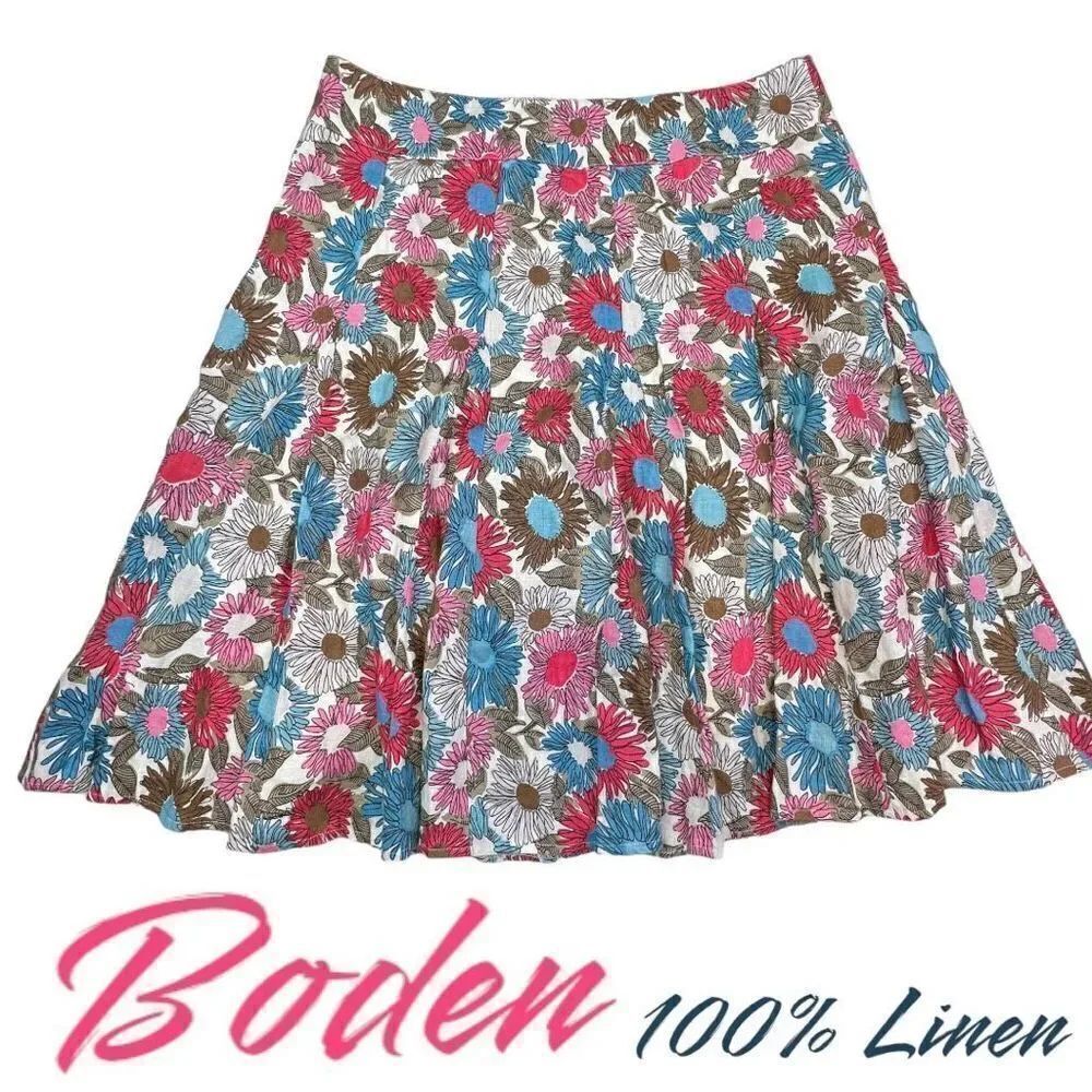 Boden Fit & Flare Skirt  Women's 12R Multi-Color Linen Floral Lined Side Zipper